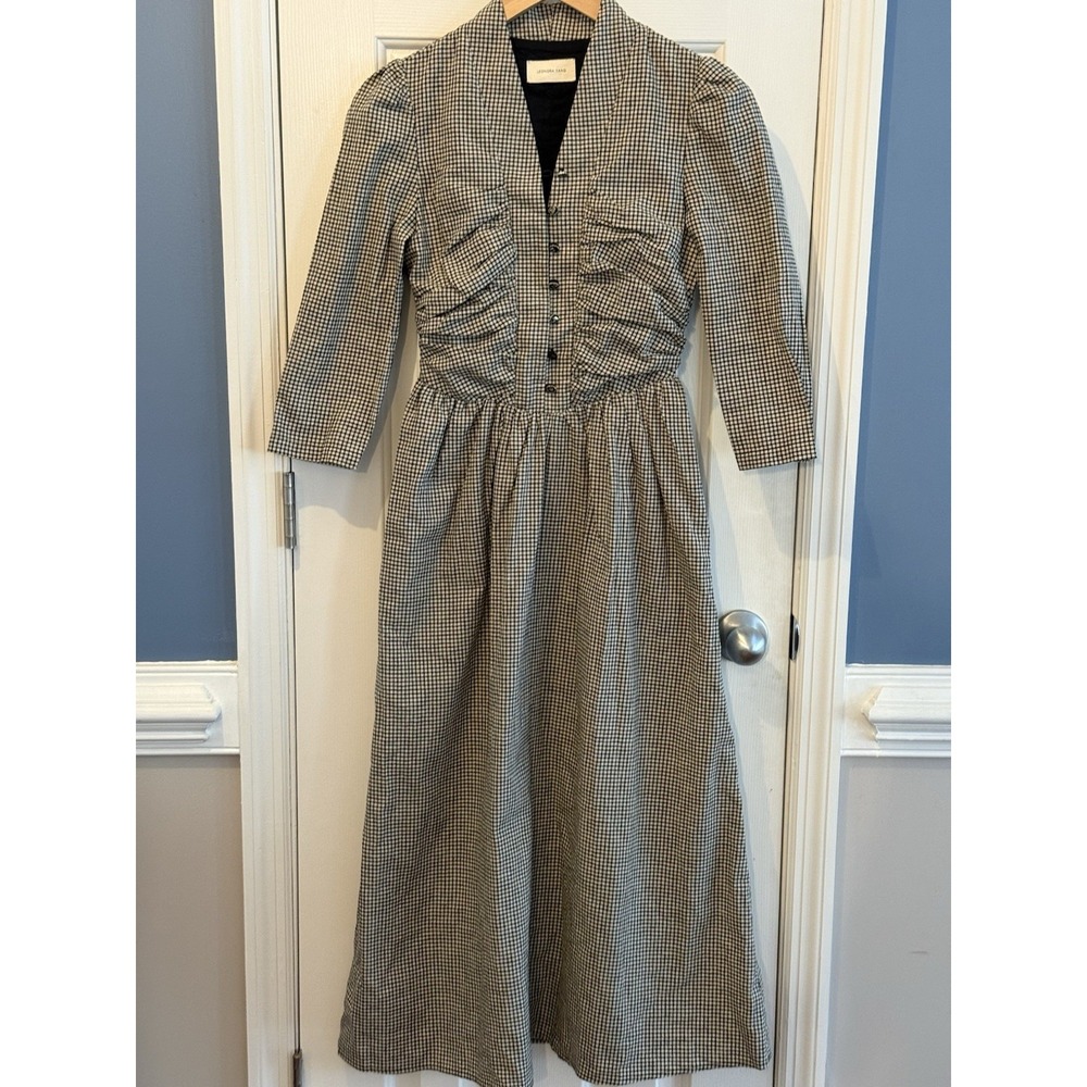 Lenora Yang Black Gingham Classic Prairie Modest Dress Linen Cotton Pockets S/XS
